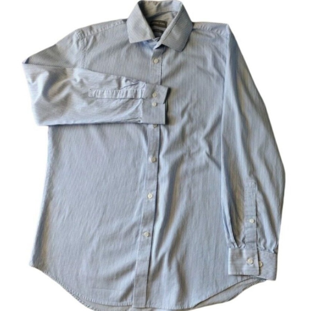Michael Kors Shirt Man's 16‎ 32/33 L White Blue Striped Slim Fit Long Sleeves